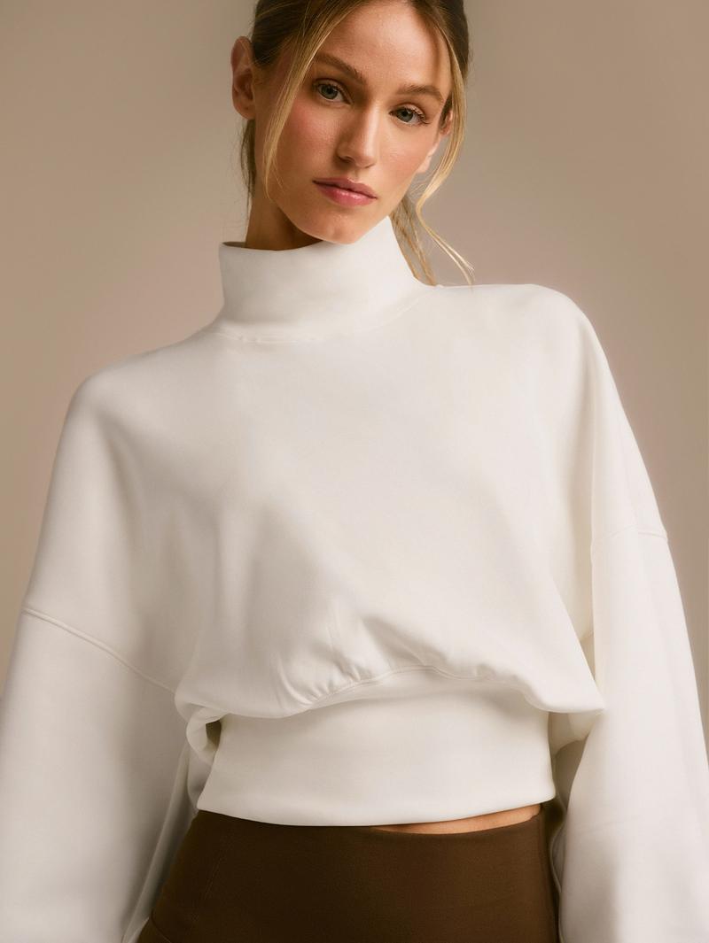 GLOWMODE Modal Soft Warm Curved Bubble Hem Waist Length Oversized Ribbed Cuffs High Neck Pullover Sweatshirt Daily