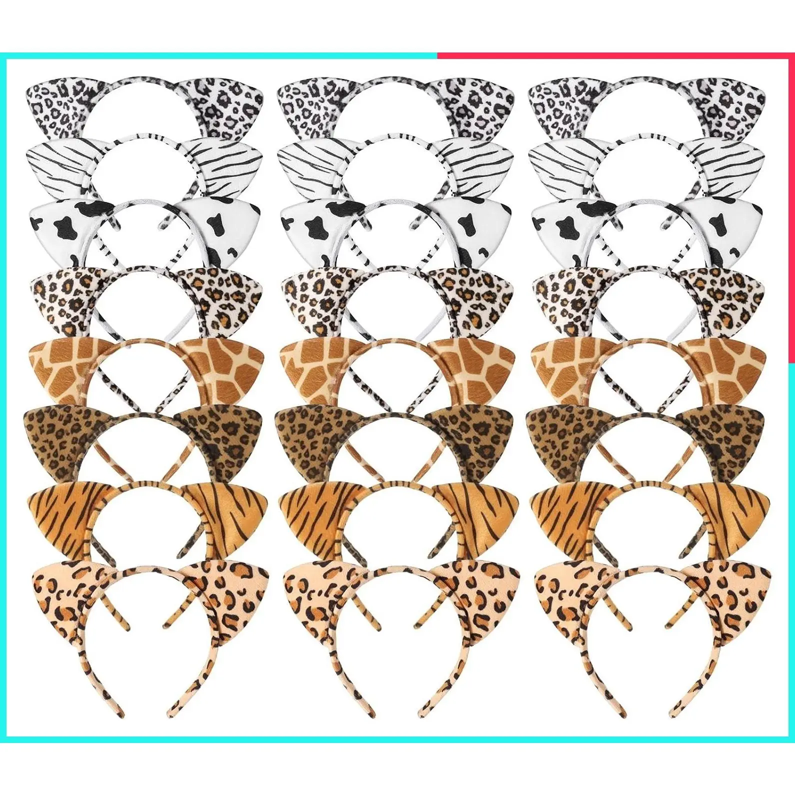 Animal Ears Headband Assortment (24 Pcs) - Cheetah, Zebra, Leopard Ears Hairbands for Forest Theme Birthday, Cosplay Party Decorations and Supplies