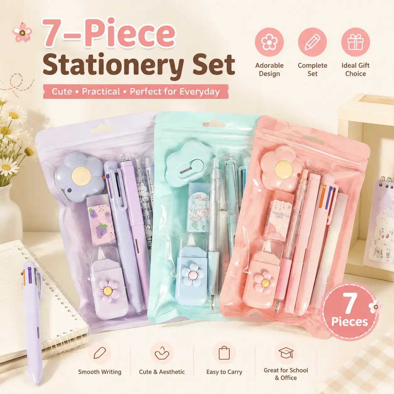 7-Pack Kawaii Blue Stationery Set, Back to School Supplies with Pens, Highlighter, Correction Tape, Ruler, Sharpener & Craft Cutter, Learning Kit for Elementary Students & Office