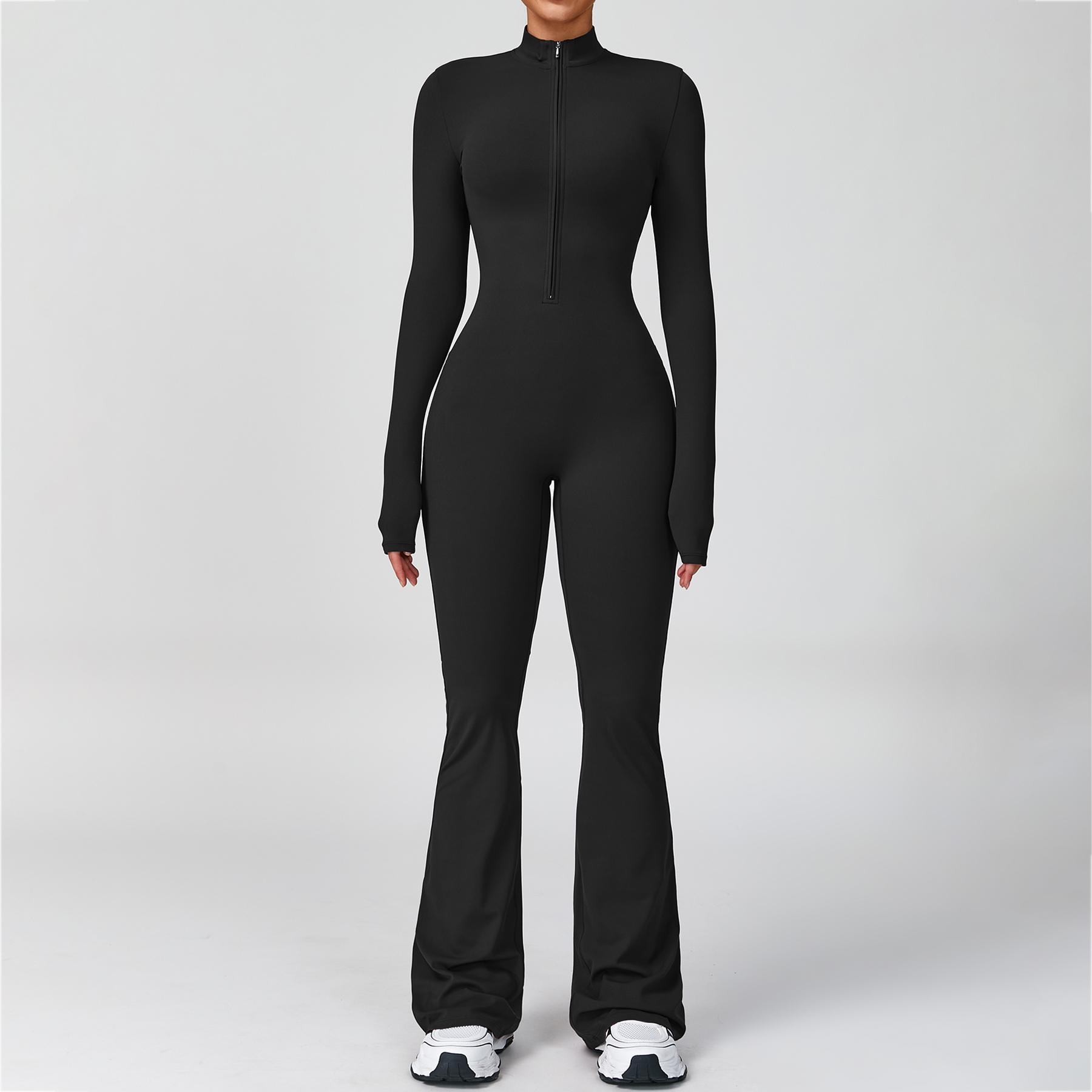 Women's Long Sleeve Flared Sports Jumpsuit - Zipper Jumpsuit, Wide Leg body suit, Sexy One-Piece Yoga Jumpsuit, Fitness Activewear for the Gym, Pilates, Casual or Street Wear, Tennis Skirt with Shorts and Tie-Front Activewear sporty yoga set