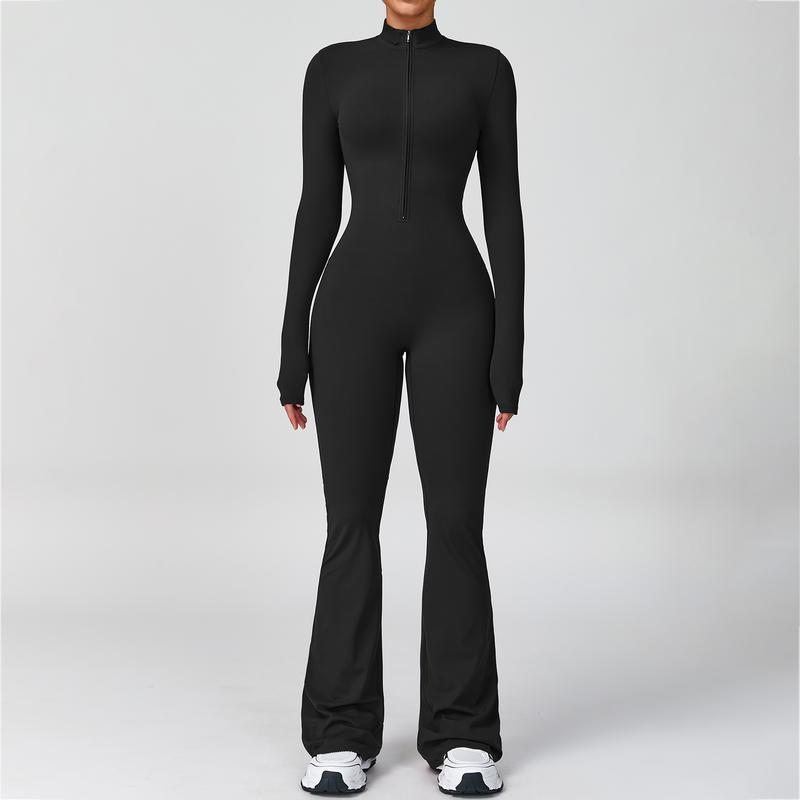 Women's Long Sleeve Flared Sports Jumpsuit - Zipper Jumpsuit, Wide Leg body suit, Sexy One-Piece Yoga Jumpsuit, Fitness Activewear for the Gym, Pilates, Casual or Street Wear, Tennis Skirt with Shorts and Tie-Front Activewear sporty yoga set