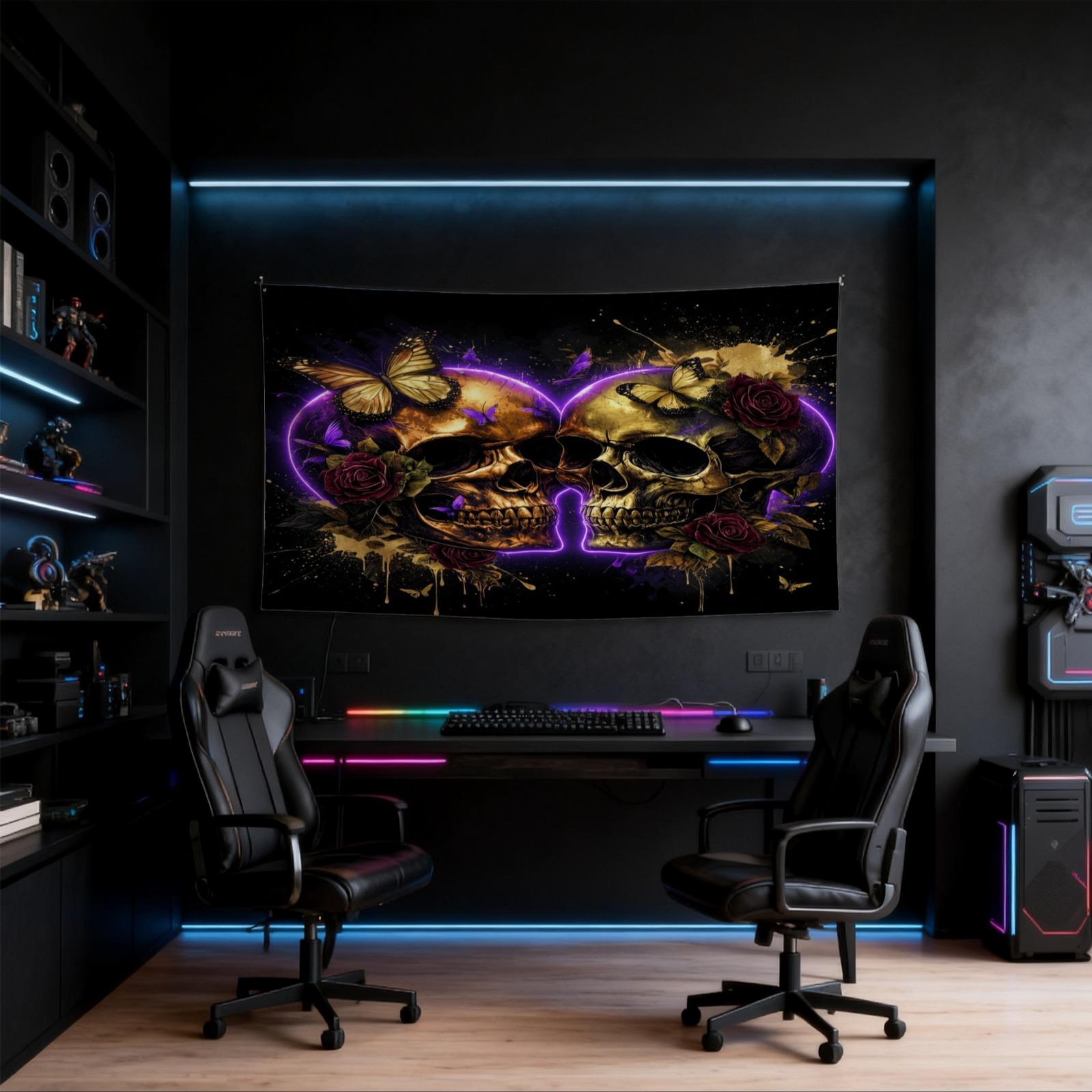 Neon Skull & Rose Print Tapestry, Gothic Aesthetic Style, Vivid & Fade-Resistant, Personalized Home Decor, Ideal for Bedroom, Living Room & Dorm, Perfect Keepsake Gift