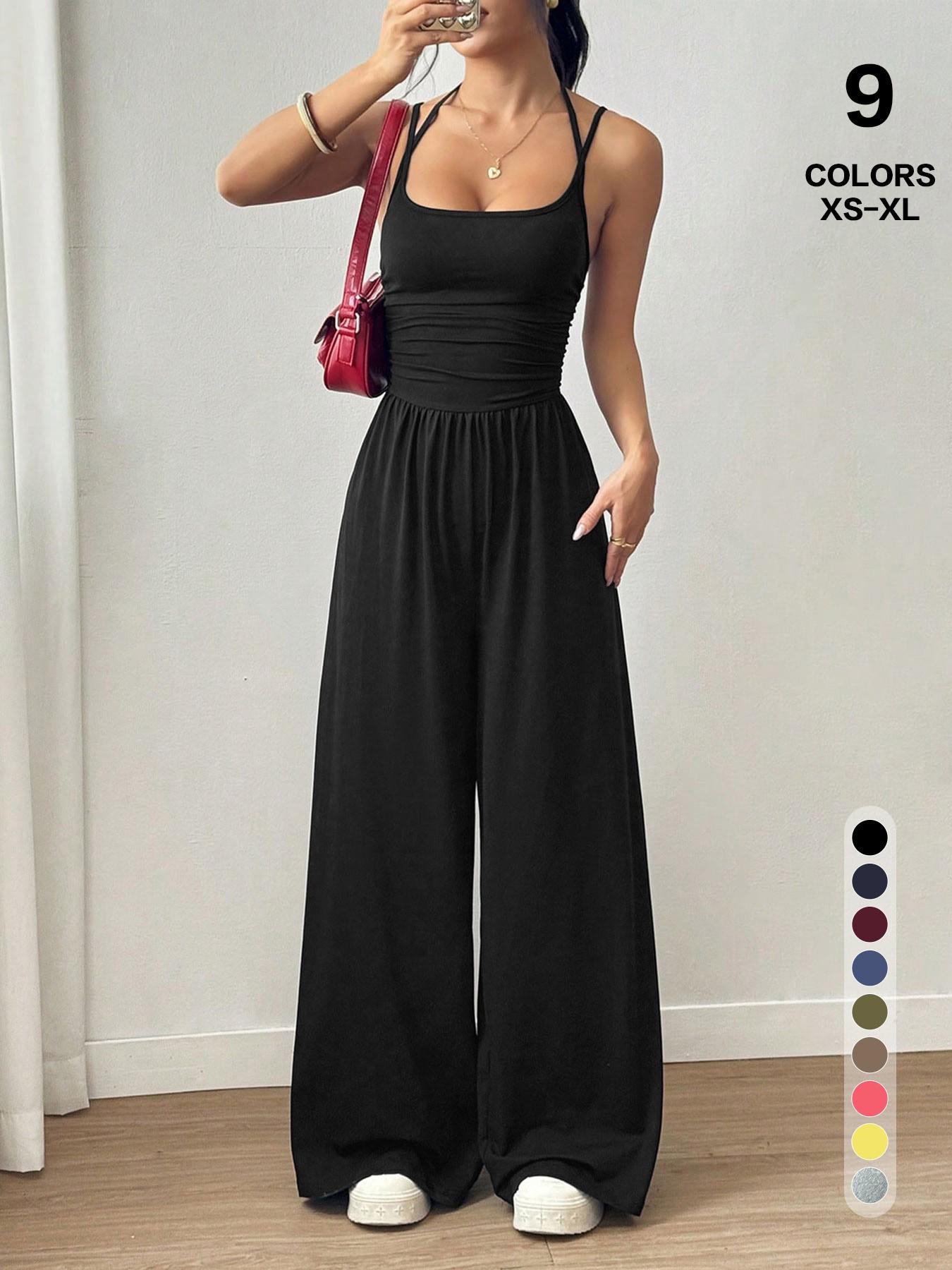 Lightweight Casual Everyday Jumpsuit, Slim Ruched Top & Wide Leg Bottom, Dual Purpose Sleepwear & Outerwear, Loose-Fitting Plain Basic Style, Minimalist, Casual Summer Jumpsuits