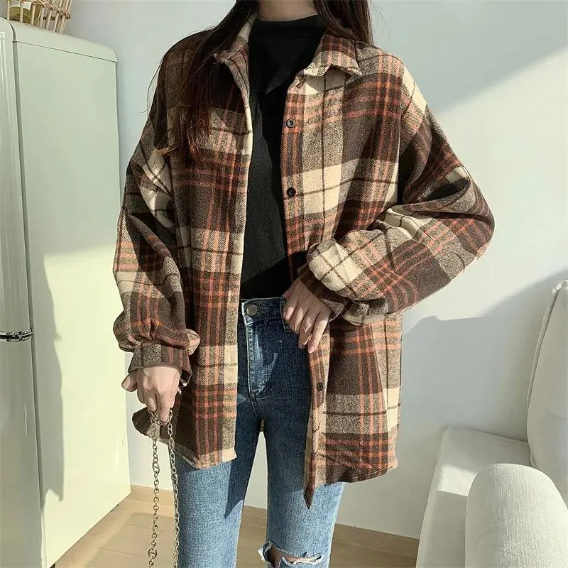Flannel Plaid Jacket Women Autumn Winter Long Sleeve Single Breasted Coat Vintage Ladies Preppy Style Loose Check Shacket