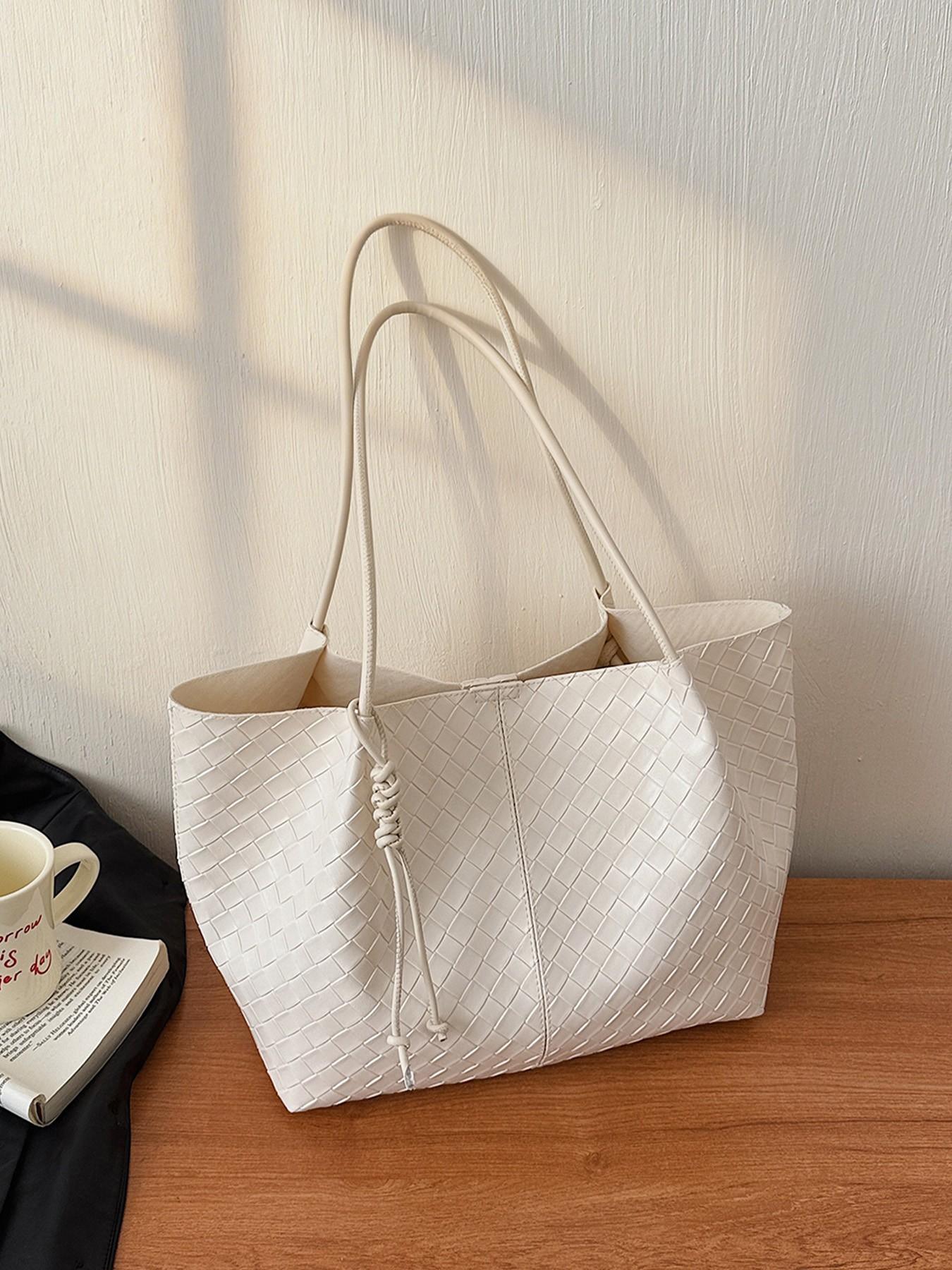 1pc Knitted pattern tote bag for women, large capacity diamond patterned shoulder bag, included with lazy and relaxed shopping bag, essential for women's commuting armpit bag