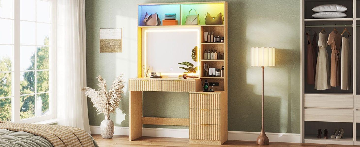 Sikaic Fluted Makeup Vanity with Sync Music LED Lights and Glass Top Mid-Century Modern Wooden Vanity Desk with Mirror, Power Outlet, Glass Cabinet, 4 Shelves and 5 Drawers