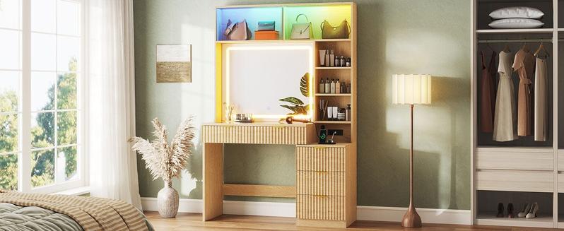 Sikaic Fluted Makeup Vanity with Sync Music LED Lights and Glass Top Mid-Century Modern Wooden Vanity Desk with Mirror, Power Outlet, Glass Cabinet, 4 Shelves and 5 Drawers