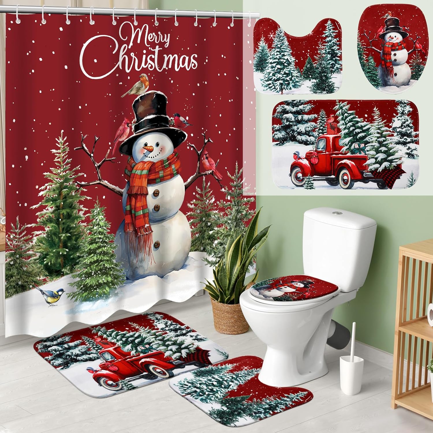 4 Pcs Christmas Shower Curtains Set with Non Slip Rug Winter Christmas Bathroom Decor Toilet Lid Cover and Bath Mat Snowman Shower Curtain with 12 Hooks for Xmas Bathroom Decor