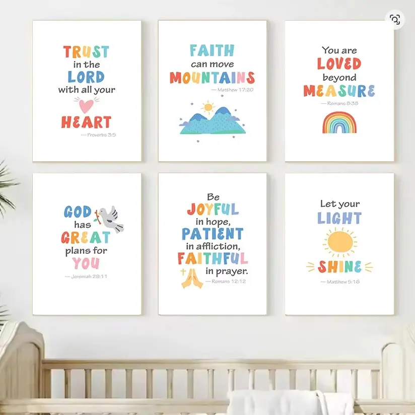 6pcs/set Unframed Kids Bible Verse Scripture Posters Prints Canvas Painting Christian Education Wall Art Picture Church Sunday School Home Decor