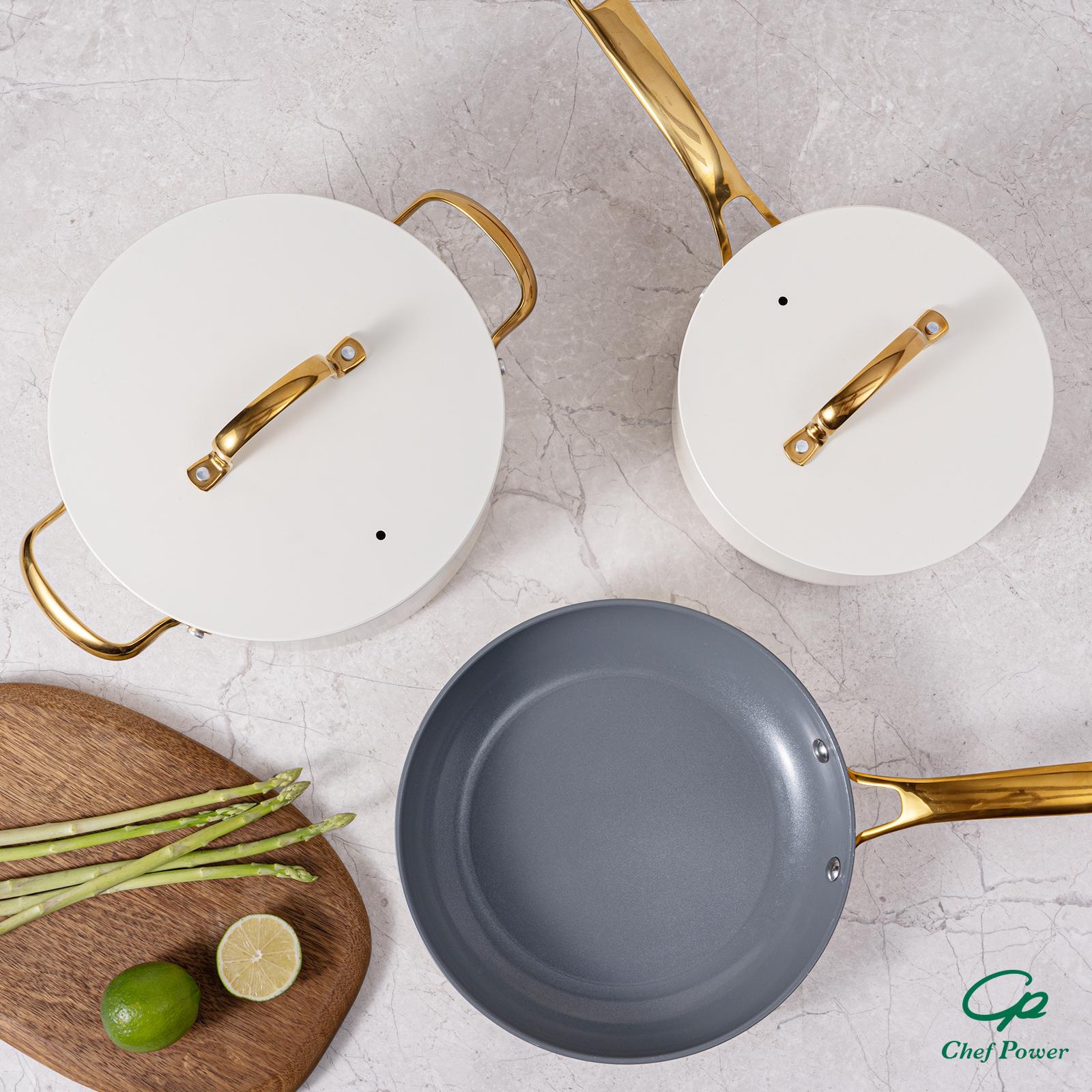 10pcs Golden Handle Ceramic Nonstick Cookware Set By Chef Power Sunray Series Oven Safe Kitchen Dining Pan Pot Utility white aesthetic cookware Frying