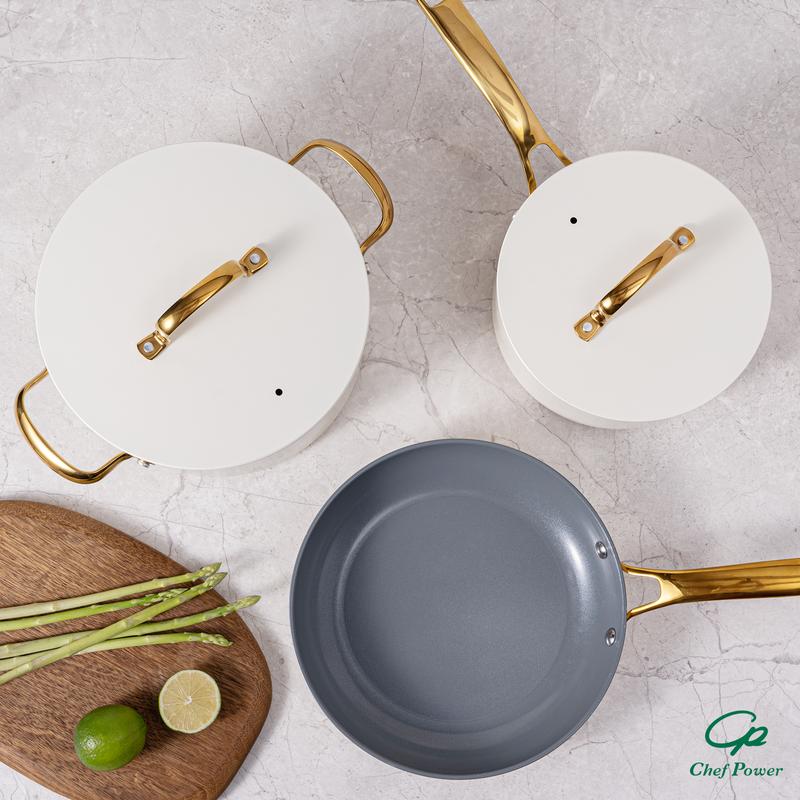 10pcs Golden Handle Ceramic Nonstick Cookware Set By Chef Power Sunray Series Oven Safe Kitchen Dining Pan Pot Utility white aesthetic cookware Frying