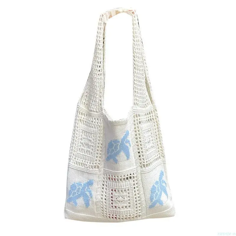 Women's Bohemian Large-Capacity Polyester Crochet Beach Tote Bag - Cute Sea Turtle Pattern, Open-Top, Lightweight Casual Slip-On, Vintage Gold-Plated Lock, Multi-Pocket, Soda Tab Accent, Plaid Crossbody & Shoulder Bag for Beach Adults, High-Capacity, Beac
