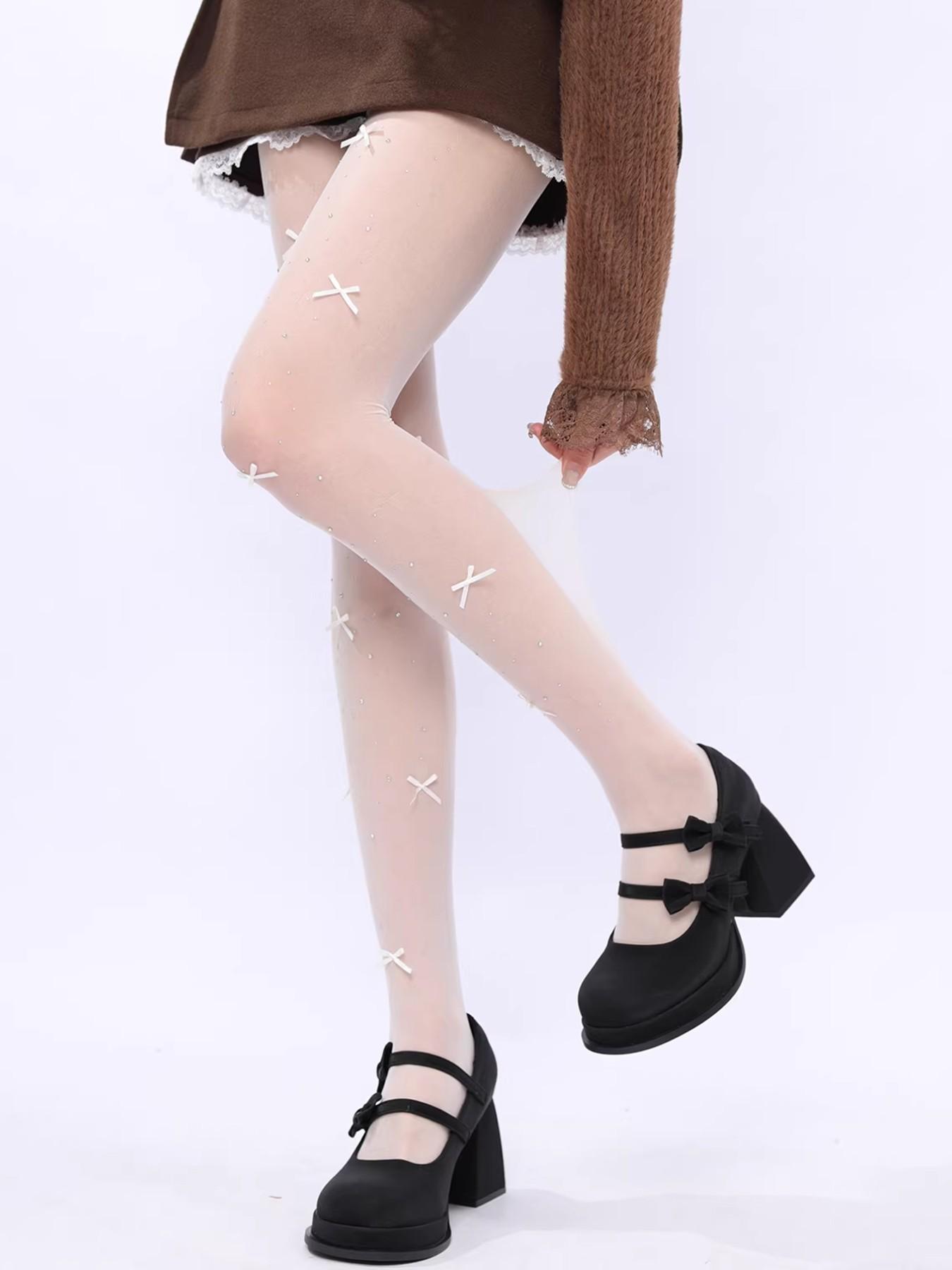 Lolita Women's Thin Bow Rhinestone Stockings, Spring Summer Anti-Snag Beautiful Leg Socks, Elegant Fitted Plain Pattern