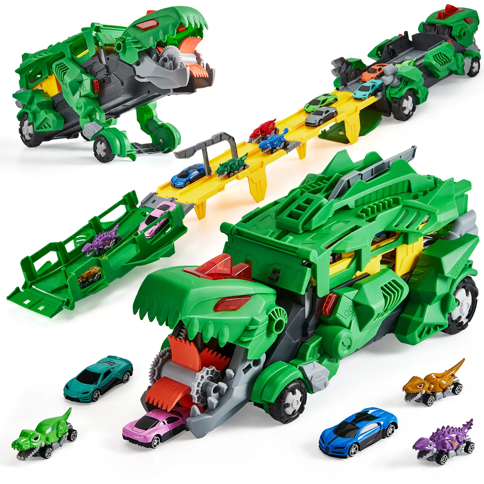 Dinosaur Car Track Set for Kids – Die-Cast Vehicle Transporter Truck Toy – 12 Cars & Ejecting Dinosaur Race Track – Educational Gift for Boys & Girls Ages 3-6, Green/Blue