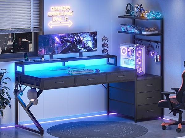 SEDETA 55 Inch Reversible Gaming Desk with 6 Drawers PC Desk with LED Lights Power Outlet Corner Computer Desk with Monitor Stand