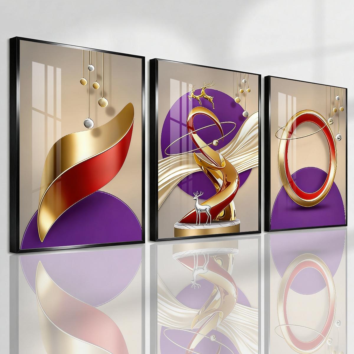 3 Counts Aluminum Alloy Framed Painting, Abstract Golden And Red Geometric Shapes With Deer Pictures, Home Decoration For Living Room, Bedroom, Office, Restaurant, Hallway Wall Decor, Odorless Print Artwork, Luxury Perfect Gift For Friends And Family