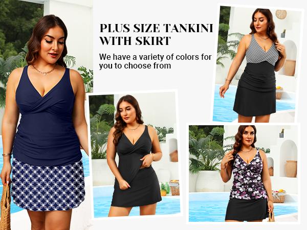 Daci Women Plus Size Two Piece Tankini with Skirt Tummy Control Bathing Suits V Neck Swimsuits