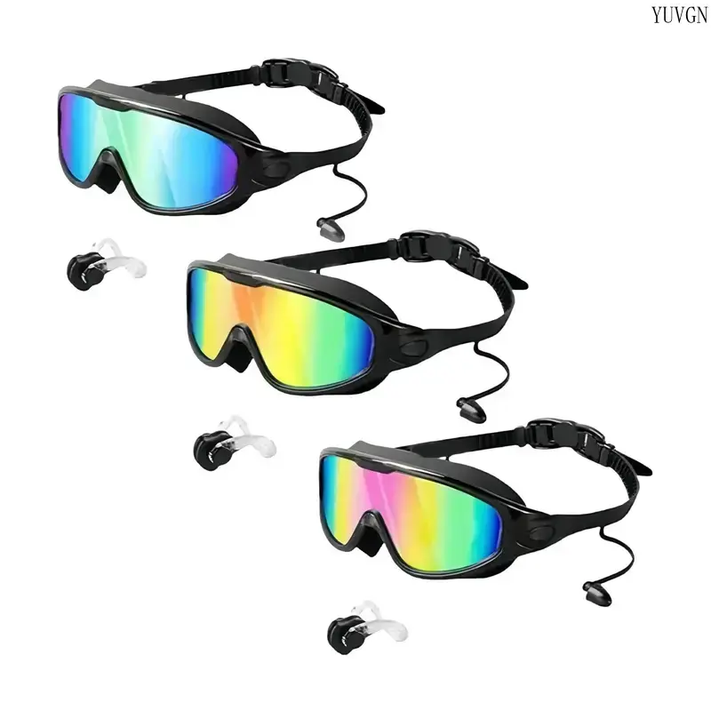 Unisex Swim Goggles for Adults & Kids, Full-Coverage Lenses with Anti-Fog & UV Protection for Swimming, Set Includes Waterproof Earplugs & Nose Clip, Full Cover, Outdoor Water Ready, Fog Free
