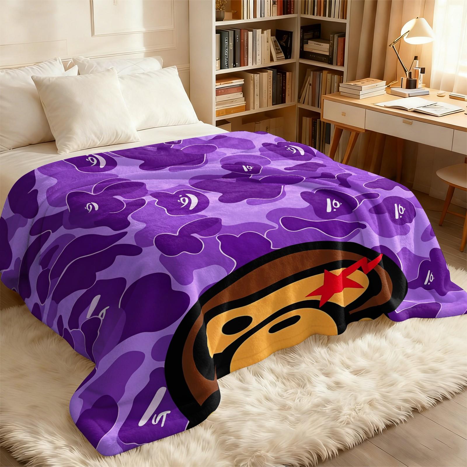 All Season Flannel Blanket, Purple Camouflage Street Cartoon Graphic Fleece Throw Blanket, Monkey Head With Red Star Pattern Warm Nap Blanket, Portable Travel Home Decor Blanket