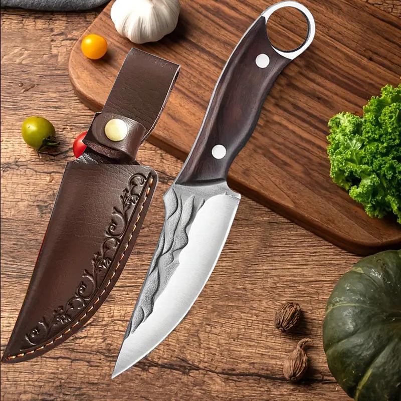 Stainless steel boning knife, kitchen practical butcher cutting peeling meat knife, hand forged chef slicing high carbon steel kitchen knife, solid wood handle, handmade leather sheath, gift for men and women