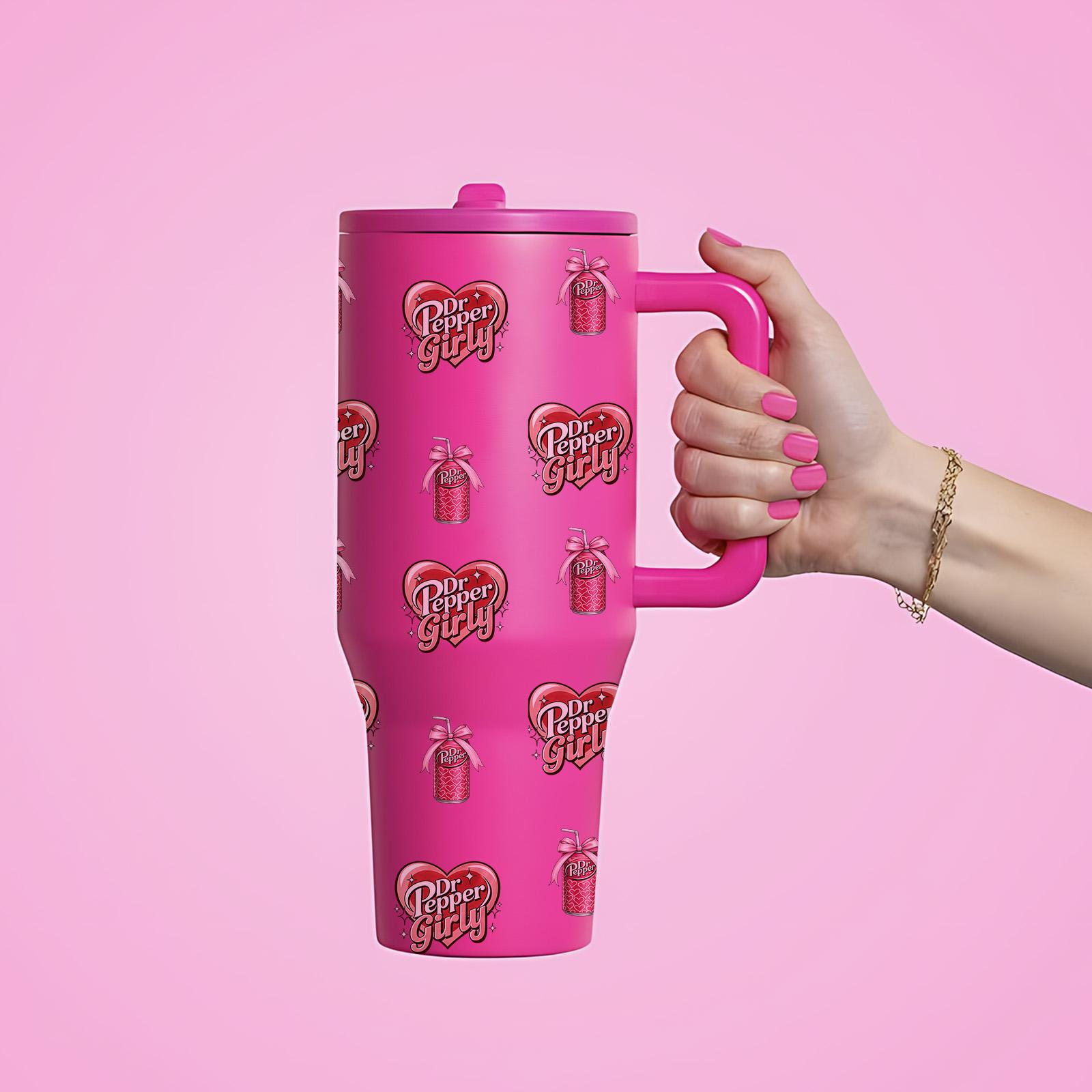 40oz Insulated Tumbler With Handle, Drinkware, Dr Pepper Girl All Over Print Thermal Mug, Soda Aesthetic Design, Double Wall Vacuum Cup For Hot Cold Drinks, Leak Resistant Lid, Birthday Valentine Mother’s Day Gift For Women Friend