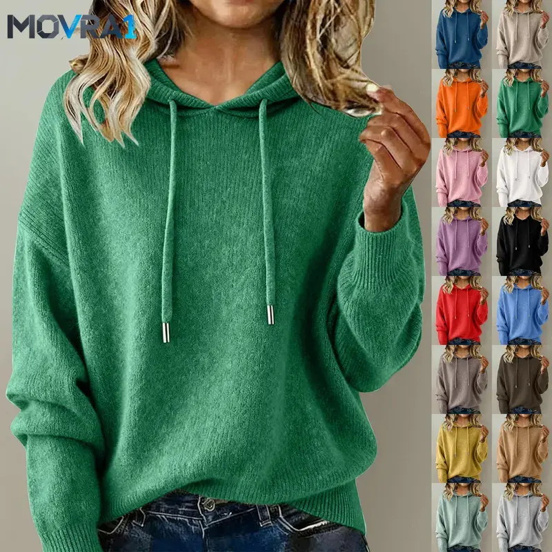 MOVRA1 New autumn and winter hooded drawstring sweater, solid color long-sleeve fleece top women