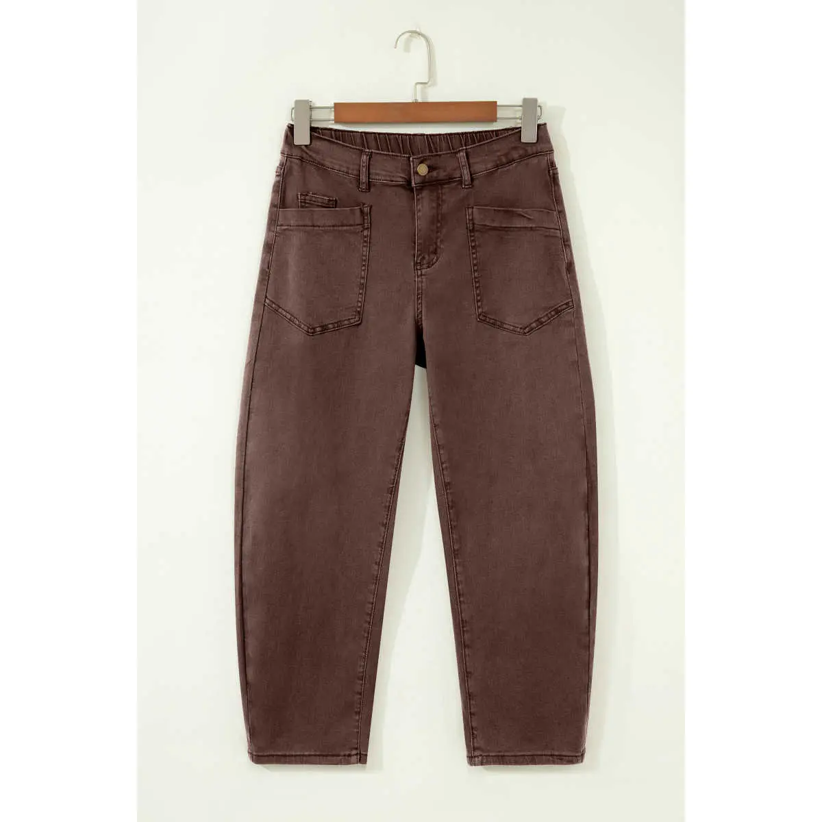 Coffee Solid Color Square Patch Pocket Ankle-length Barrel Jeans