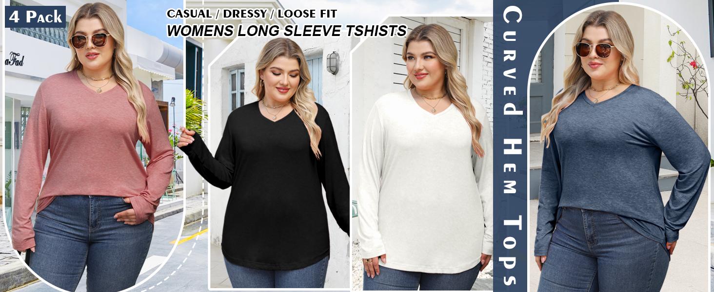 VILIGO Women's 4-Pack V-Neck Long Sleeve Shirts – Soft, Comfortable, Curved Hem Basic Tops in Multiple Colors for Casual Wear