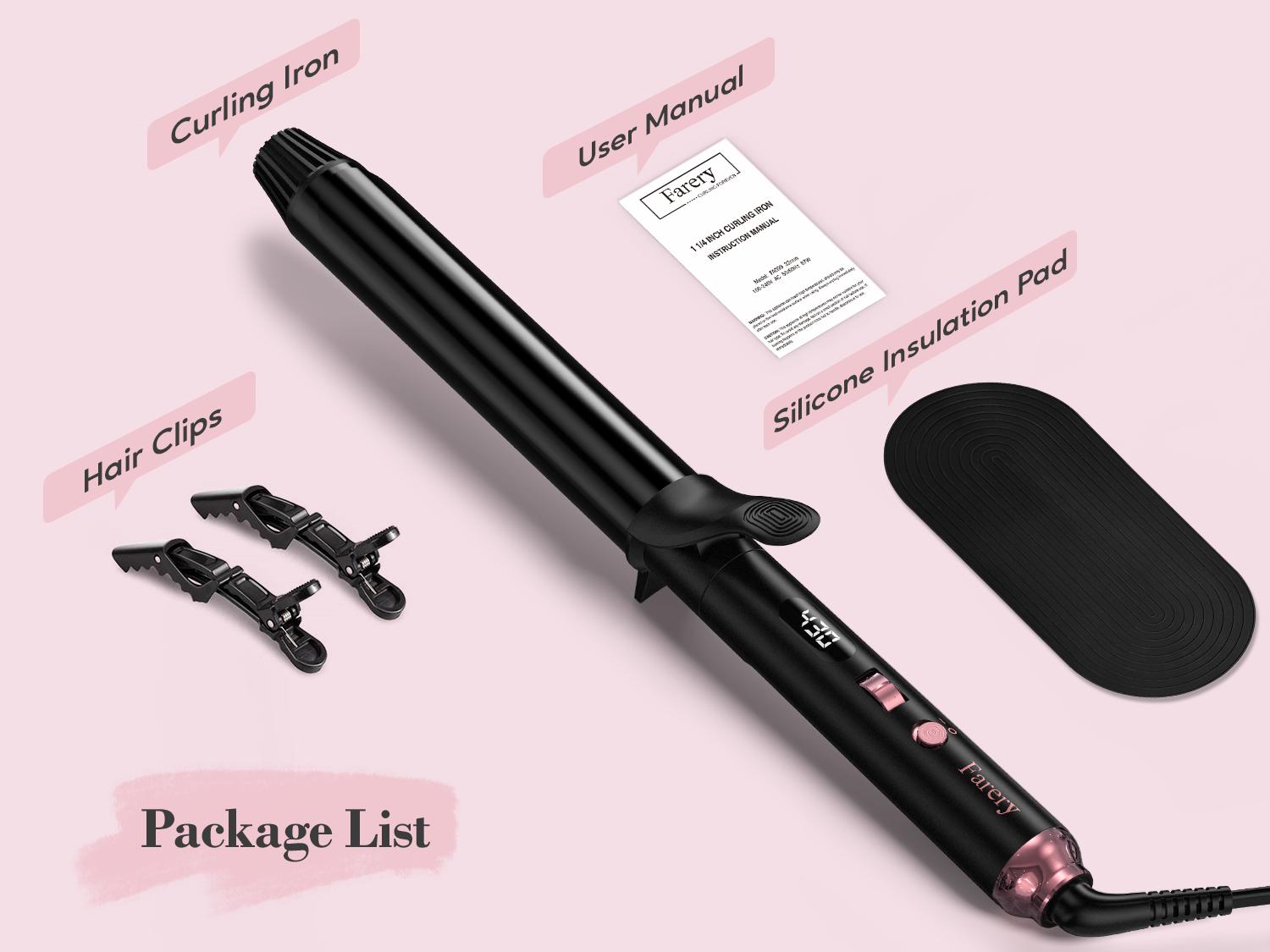 Farery Long Barrel Curling Iron 1.25 inch, 11 Adjustable Temp, Include Clips & Silicone Pad, Comfort