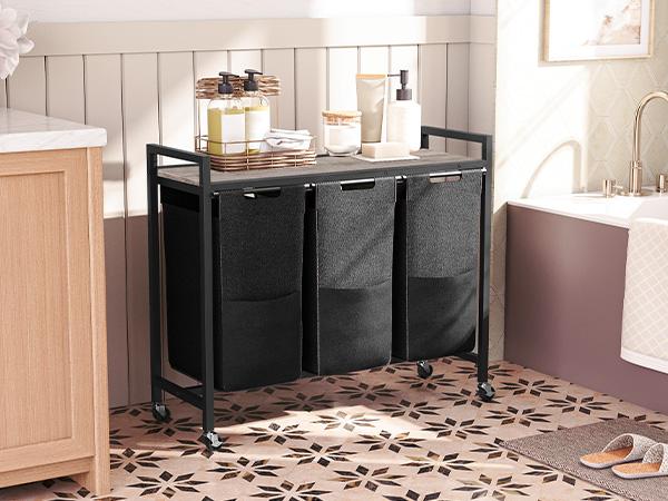 HOOBRO Laundry Sorter 3 Section, Laundry Hamper with Wheels, 43.4L Rolling Laundry Basket, Pull-Out Oxford Fabric Laundry Bags, Greige and Black