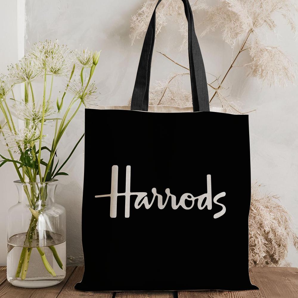 London L-Harrods Knightsbridge Storage Bags Canvas Double-Sided Print Black and White Tote Bag Large Capacity Shoulder Students Festive Fashion Eco Outdoor Picnic Travel High Quality Shopping Bag Machine Washable