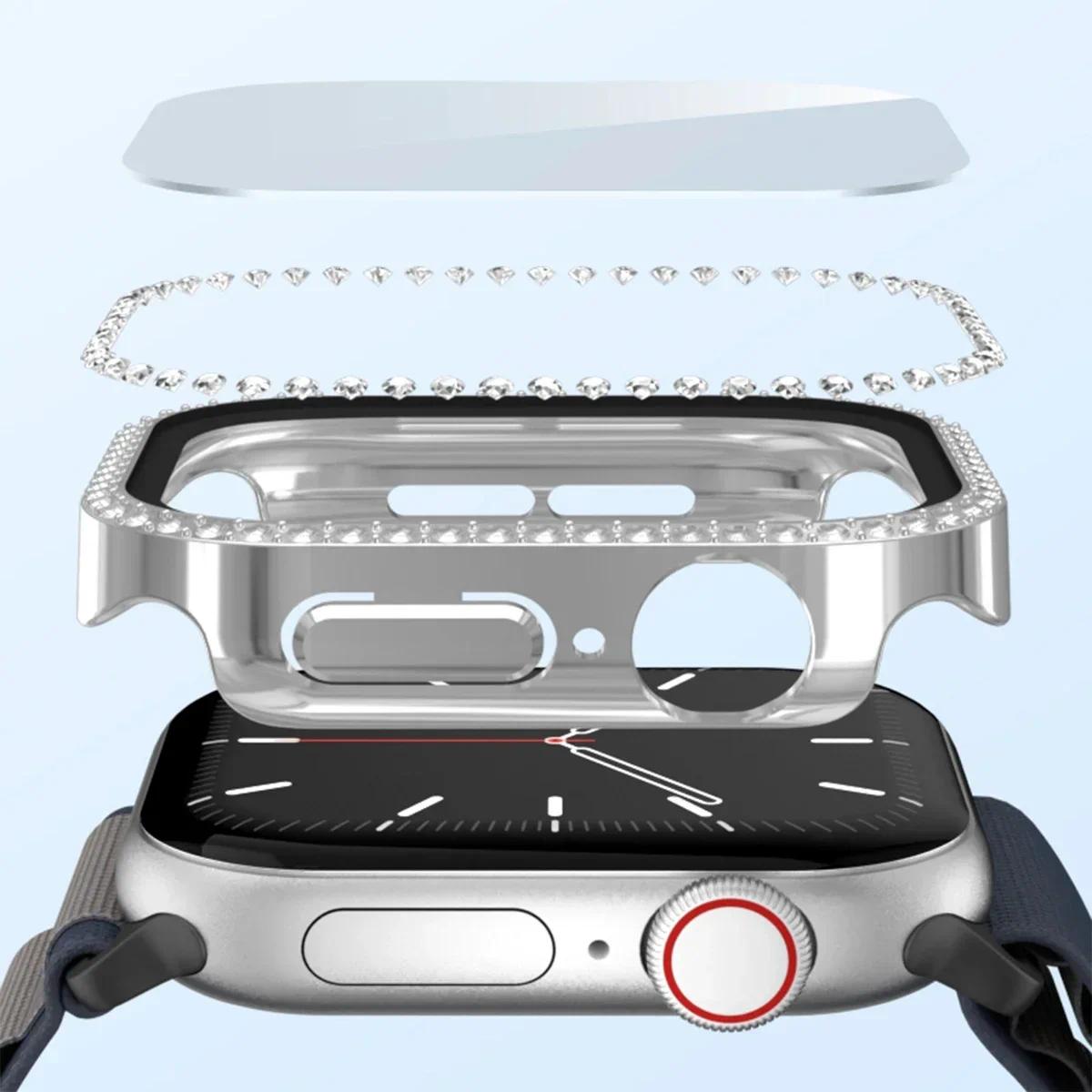 Bling Glass+Cover For Apple Watch 11 10 42mm 46mm Diamond Hard PC bumper+Screen Protector Case iwatch series 11 10 Accessories
