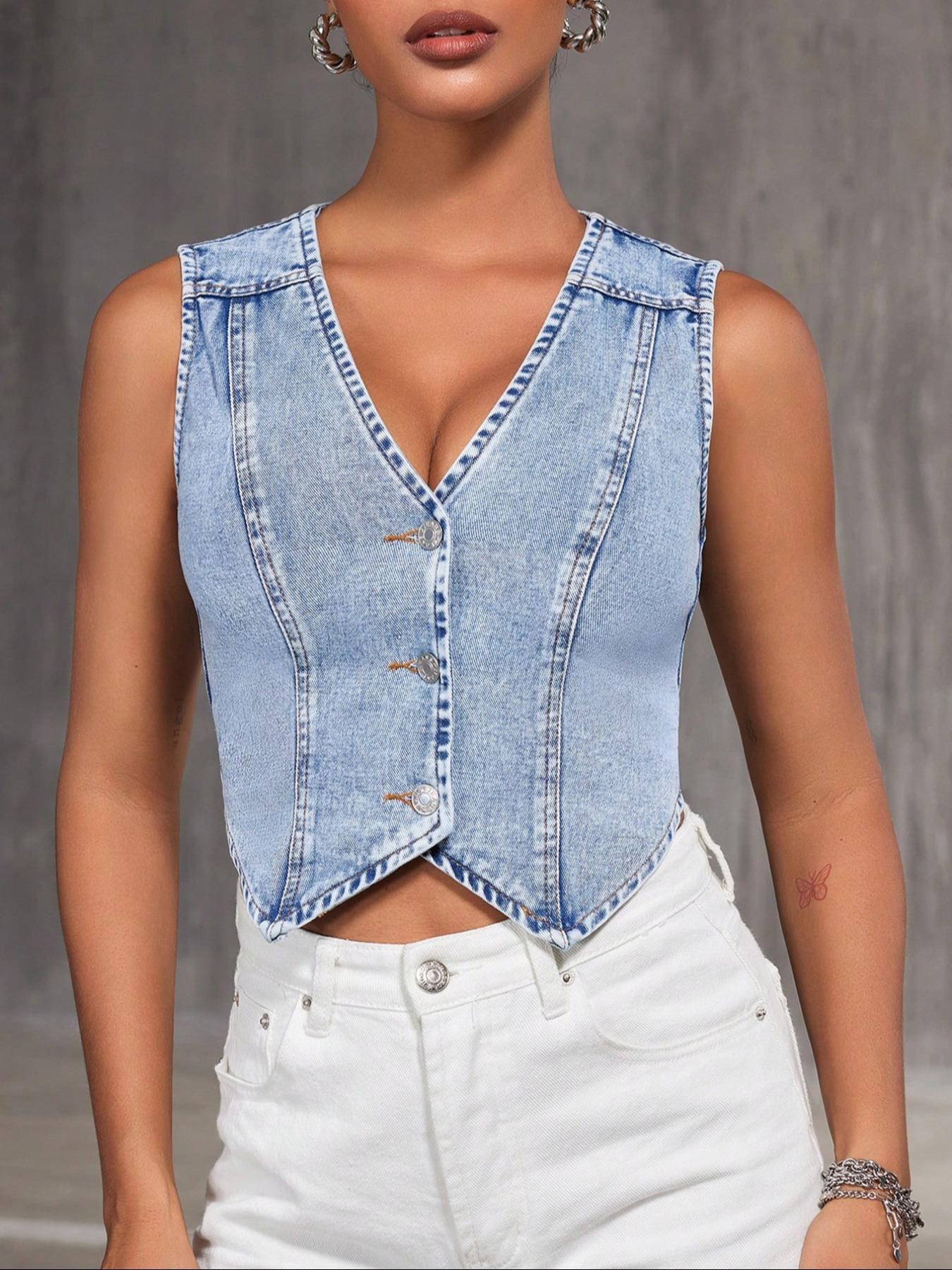 Women's Summer V-Neck Slim-Fit Denim Vest, Casual Fashion Blue Washed Sleeveless Waistcoat, Trendy Irregular Hem Design