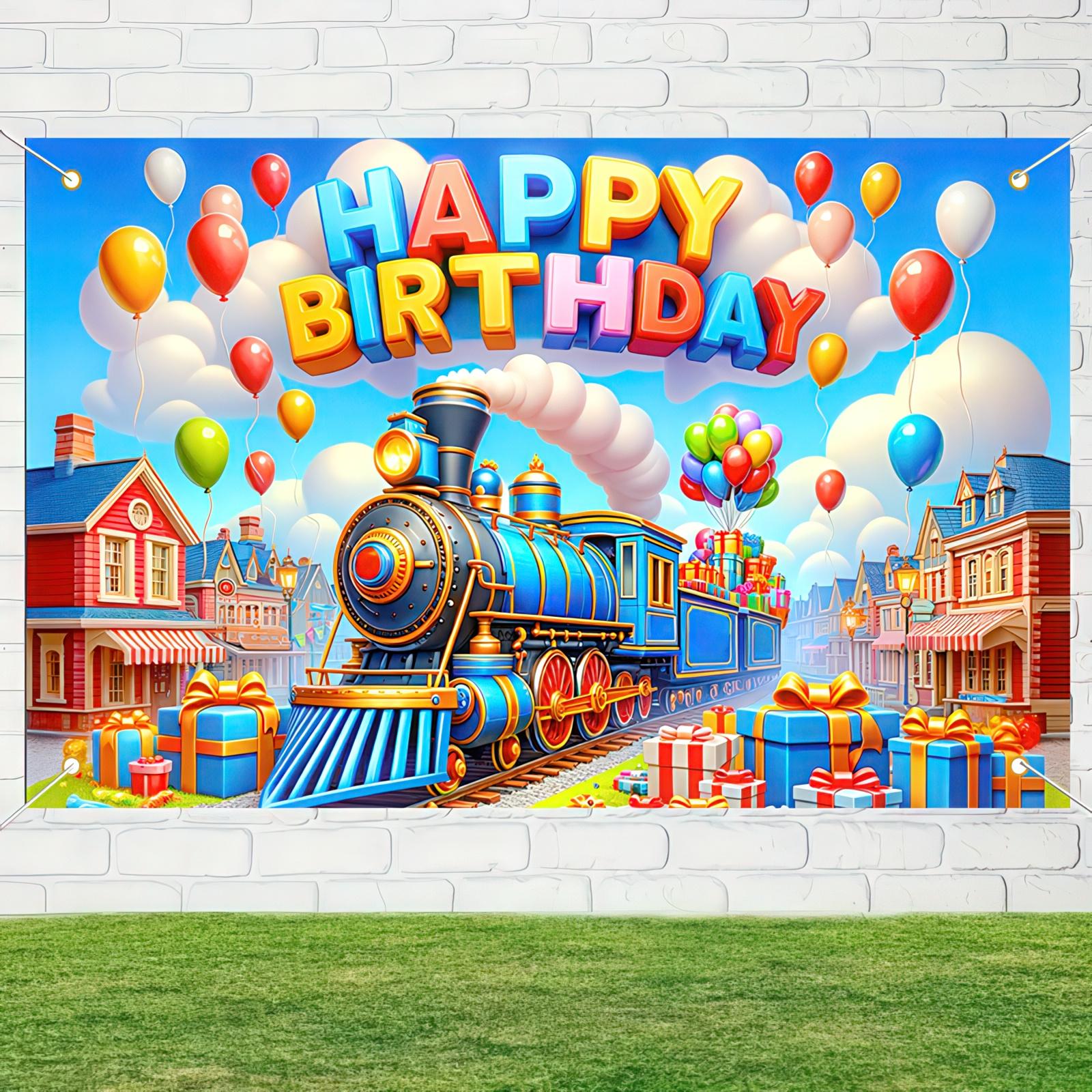 1pc, 2D/Flat Happy Birthday Banner Colorful Train Birthday Backdrop Cartoon Train Banner Decorations Photography Background Photo Shoot Props for Boy Girl Kid Train Birthday Party Backdrop