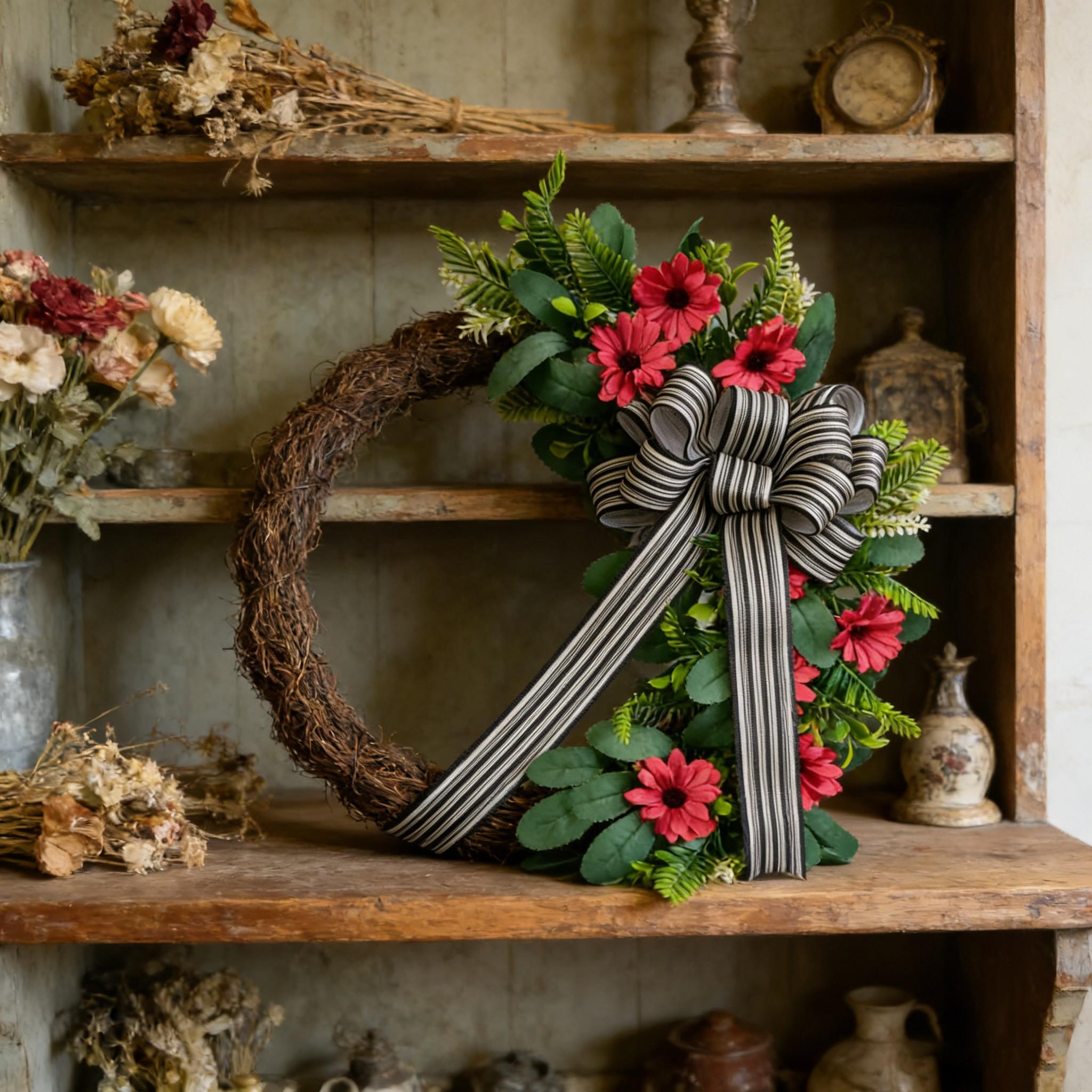 Vibrant Daisy Wreath with Lush Greenery and Striped Bow, Ideal for Porch and Entryway Decor, Perfect for Spring and Summer