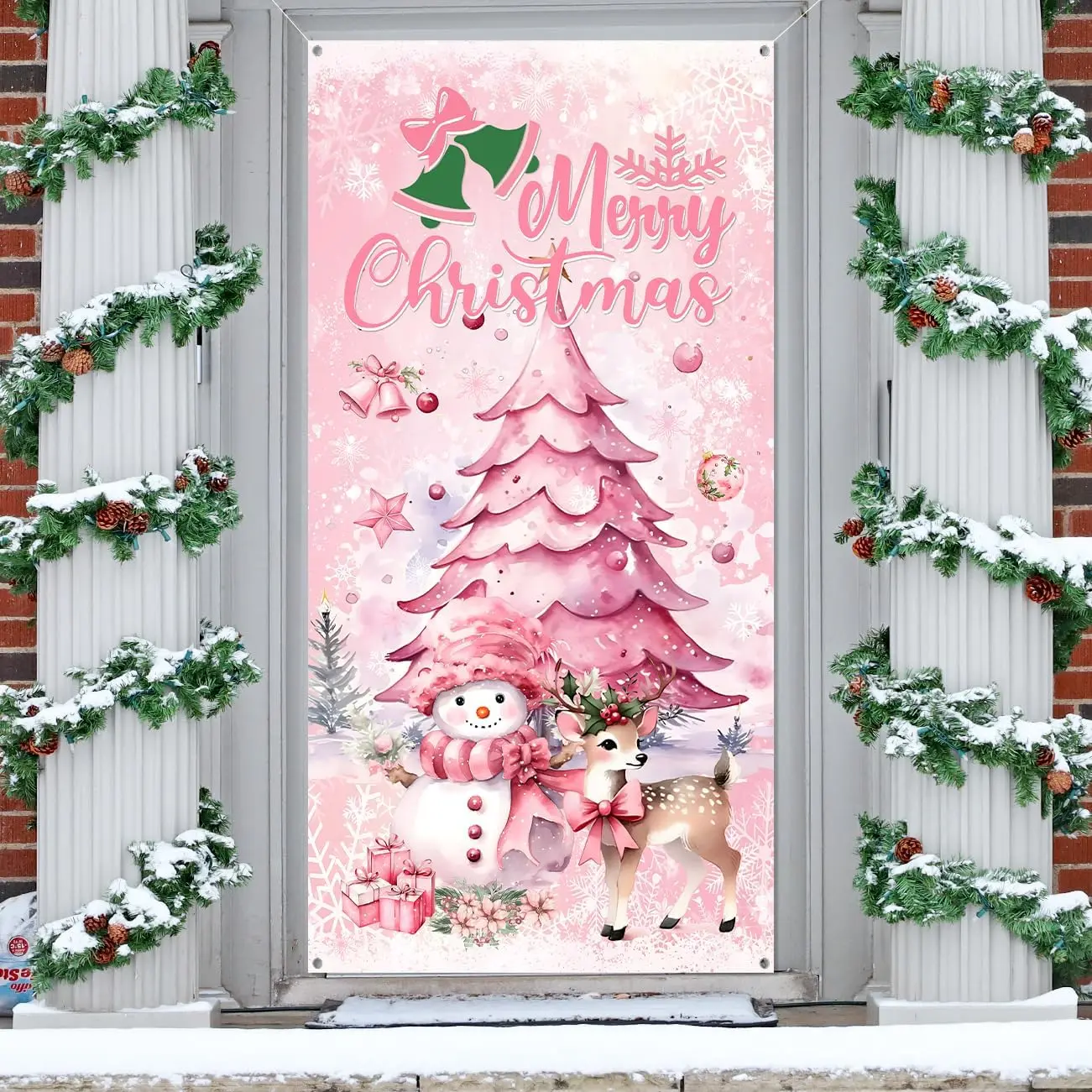 Large Modern Vinyl Christmas Snowman Door Cover, Weather-Resistant Xmas Front Door Banner for Indoor-Outdoor Holiday Supplies with Trees Accents
