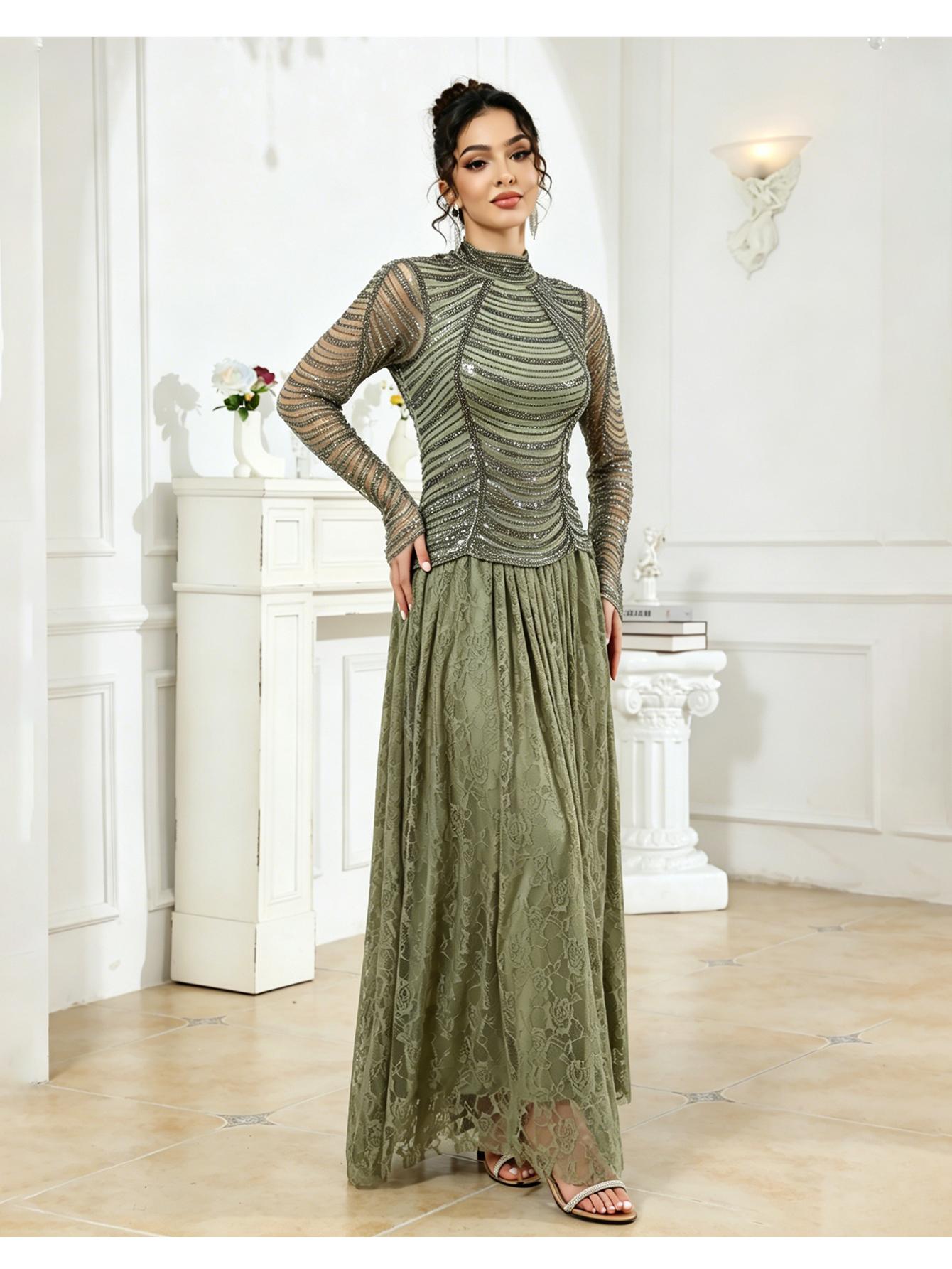 Women's Sheer Long Sleeve Maxi Dress, Floral Lace Embellished Elegant Evening Gown, Perfect for Wedding and Graduation, Festival Wear