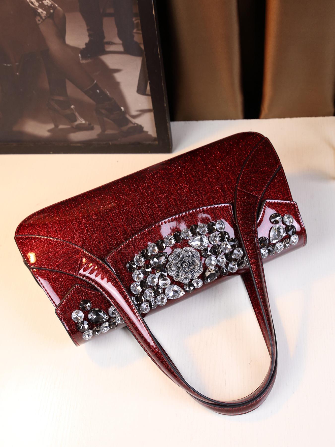 Women's Elegant Rhinestone Decorated Handbag, Fashionable Floral Design Bag for Daily Used, Casual Trendy Versatile High-quality Daily Commuting Bag