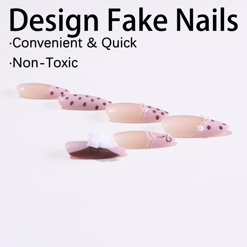 24PCS Sweet Pink French Press on Nails Brown Polka Dots 3D White Bowknot Fake Nails for Women Girl Almond False Nails Detachable