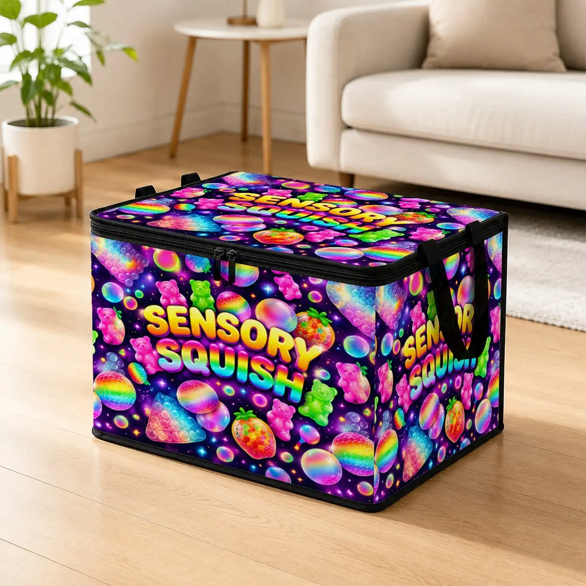 Rainbow Sensory Squish Print Foldable Storage Box with Lid, Large Capacity Organizer Bin for Toys, Clothes, Blankets and Home Storage