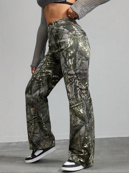 Women's High Waist Loose Fit Camo Cargo Pants, Casual Straight Leg Denim Jeans, Y2K Fashion Winter Sports Pants with Pockets, High Waisted Design