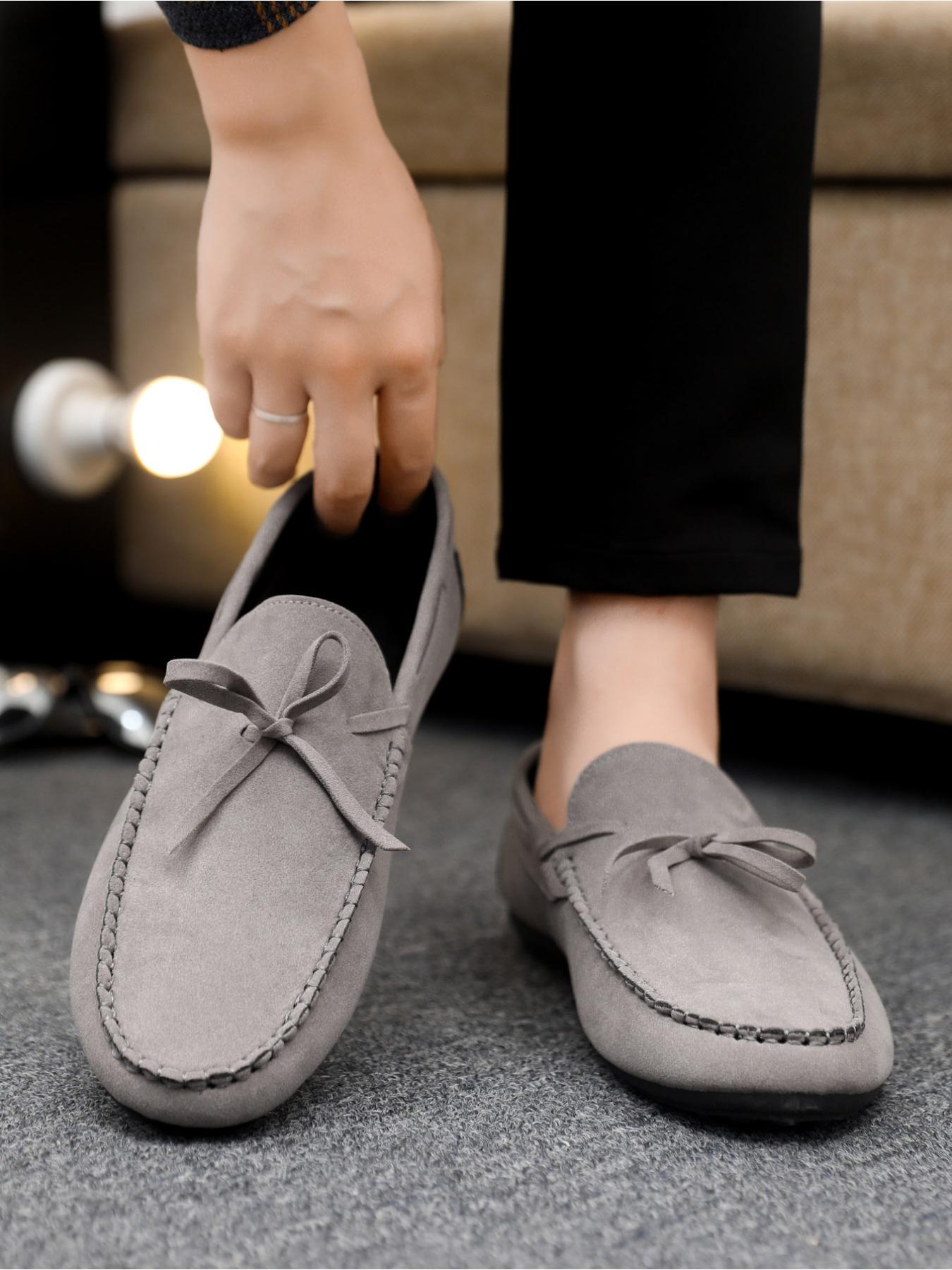 2026 Spring and Autumn New Men's Casual Bean Shoes, Suede Leather with Lace-up Weave Design, Rubber Soft Sole, Daily Commuting Loafers and Business Shoes