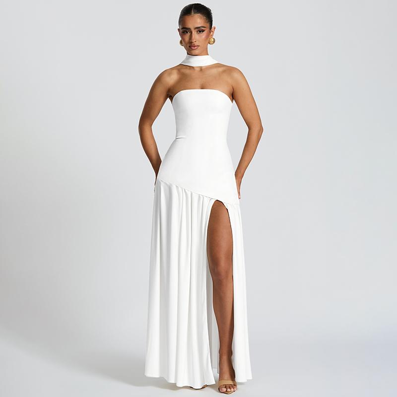 Women's Plain Split Thigh Tube Dress with Scarf, Elegant Strapless Dress for Party Club Beach Vacation, Ladies Clothes for All Seasons