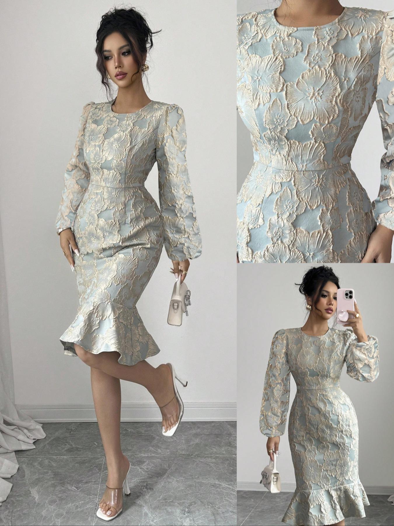 Elegant Fish Tail Bodycon Dress, 3D Embroidered Party Wear, Fashion Design, Perfect for Special Occasions, Women's Stylish