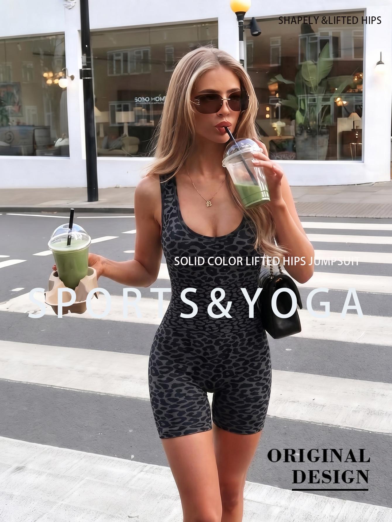 Summer Seamless Leopard Print Yoga Jumpsuit, Cross Back Sporty One-Piece, High Waist Compression Wear, Above Knee Length, All Seasons, Fit Jumpsuits, Sleeveless Yoga Jumpsuit, Tight Fitting Jumpsuit