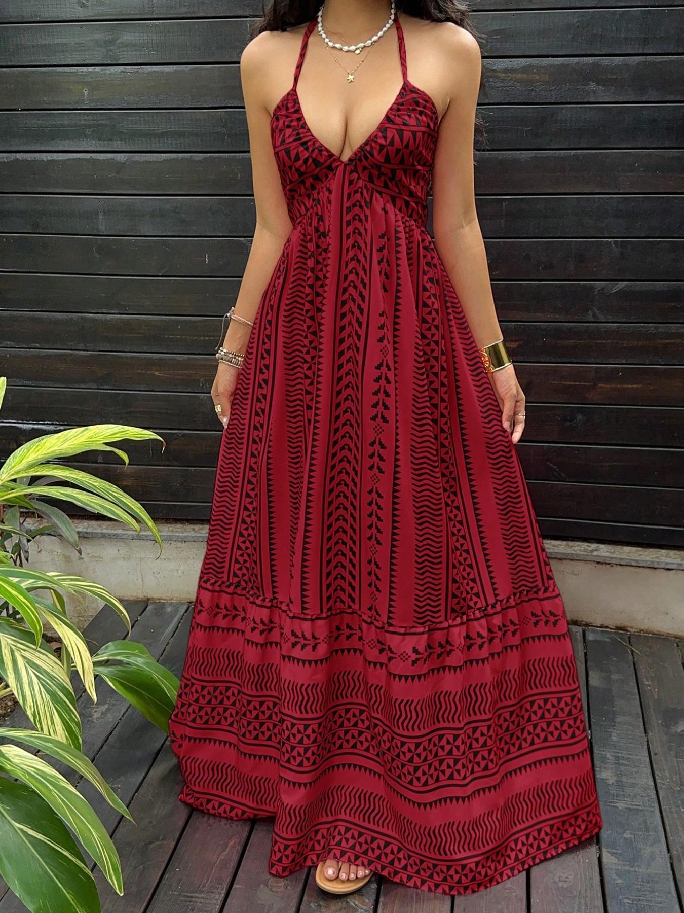 Women's All Over Print Backless Halter Neck Deep V-Neck Summer Beach Vacation Bodycon Dress, Casual Boho Elegant Maxi Long Dress