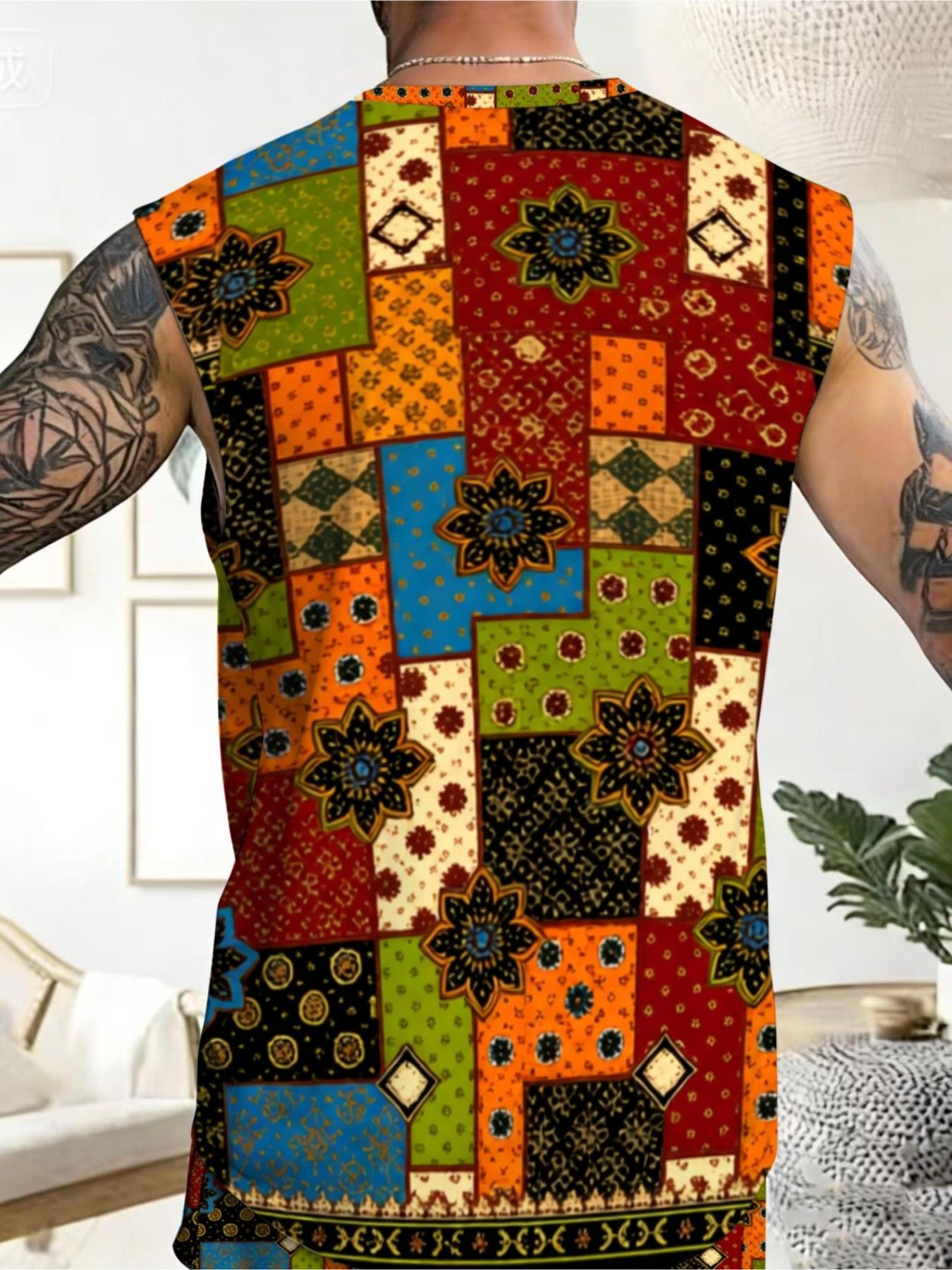 Men's Ethnic Patchwork Print Sleeveless Summer Casual Set