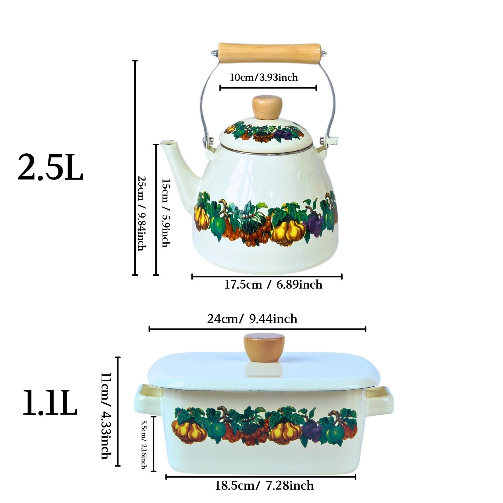 Fruit Pattern Enamel Kettle Set, 2 Counts/set Open Fire Heating Kettle & Dust Temperature Fresh Box, Drinkware for Home Kitchen