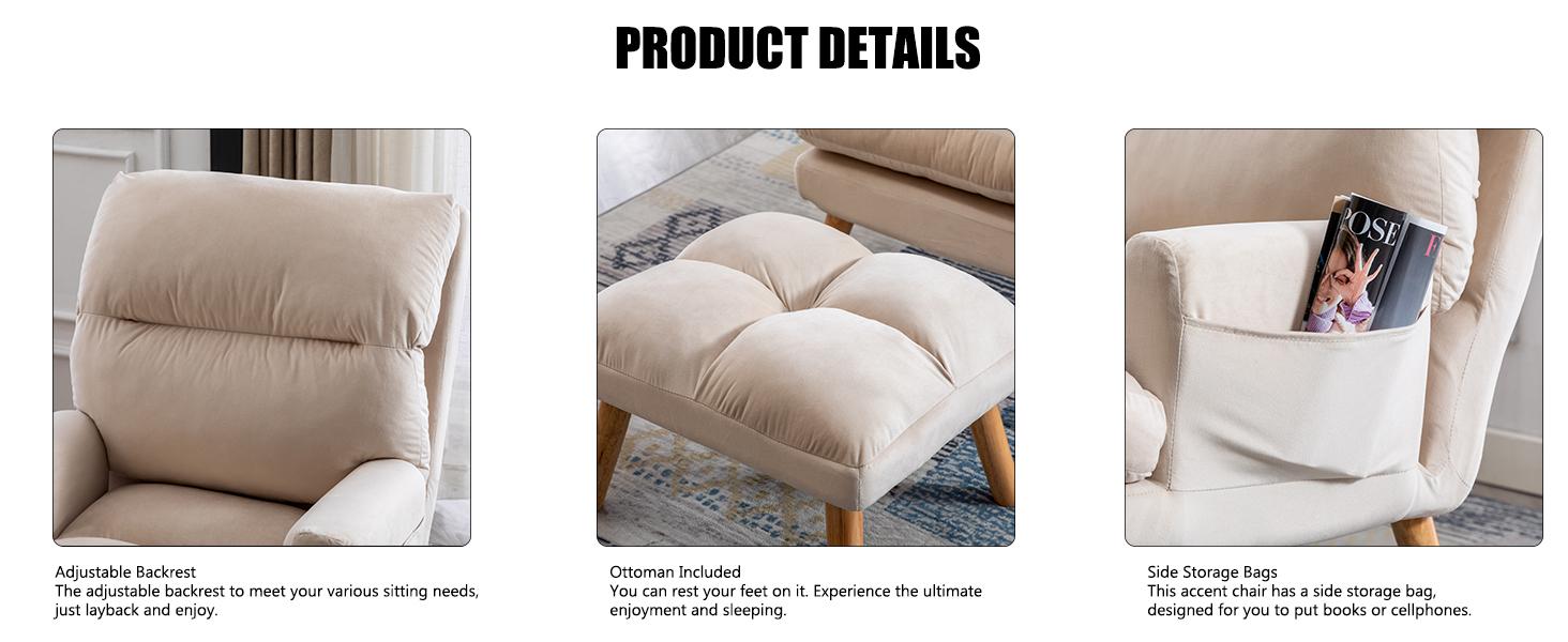 [Dealsforyoudays]Ebello 26" Wide Modern Accent Chair with Seat Cushion, Soft Fabric Armchair, Adjustable Backrest and Side Pockets, Comfortable Lounge Chair for Living Room, Bedroom, Apartment, Office, Beige