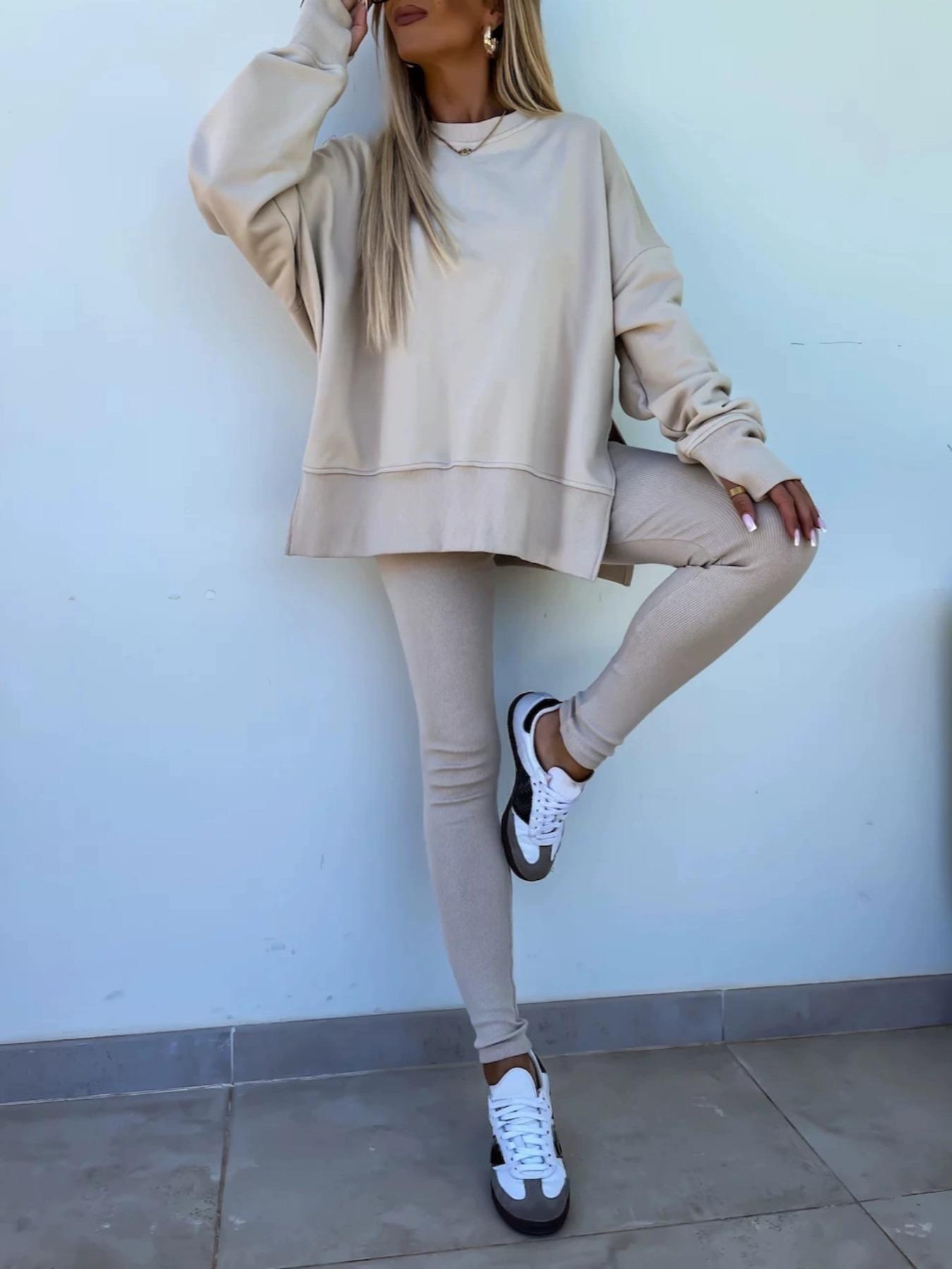 Women's Solid Drop Shoulder Split Hem Sporty Round Neck Sweatshirt & Pants Two-piece Set, Sweatsuit Matching Set, Casual Fashion Cozy Breathable Outfits for Daily Outdoor Wear, Ladies Sportswear for All Seasons